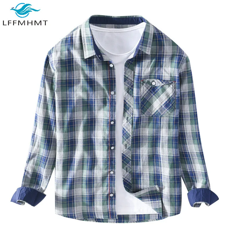 

Men Fall Pure Cotton Vintage Plaid Lapel Long Sleeve Single Breasted Shirts Business Casual Slim Fit Japan Style Simple Wild Top