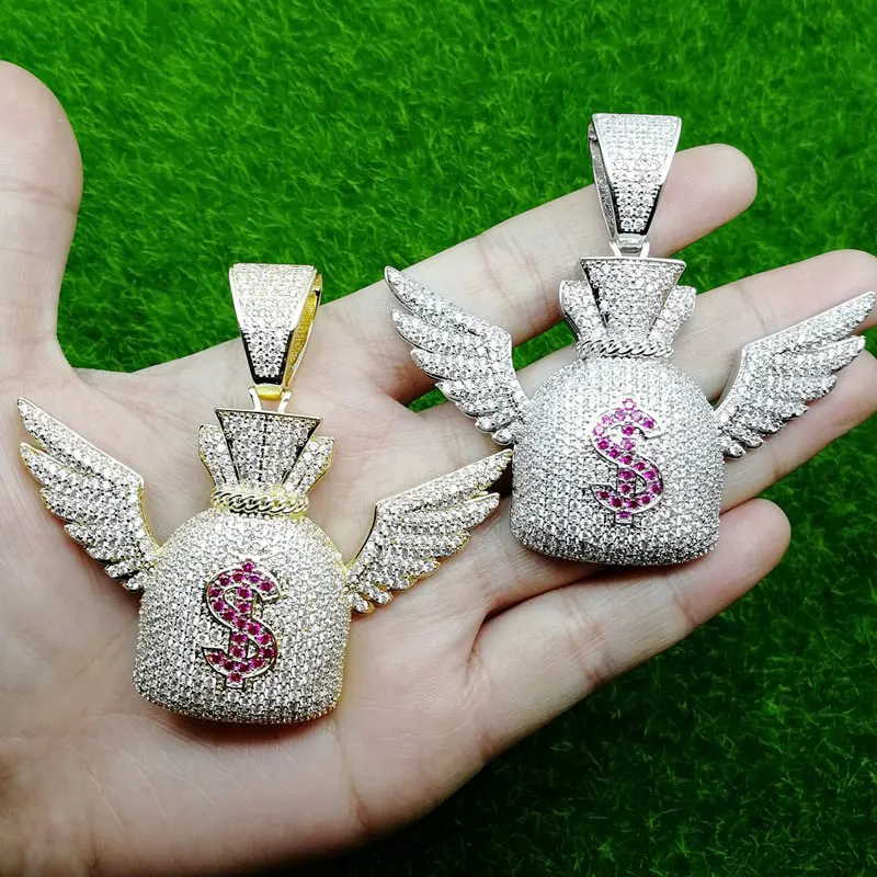 

Hip Hop CZ Zircon Stone Bling Iced Out Angel Wing US Dollar Purse Money Bag Pendants Necklace for Men Rapper Jewelry