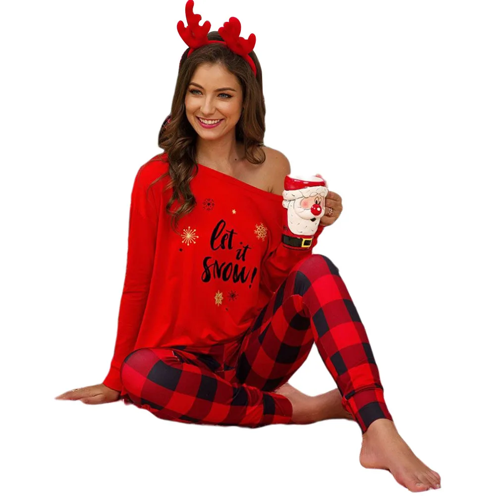 

Women's Christmas Long Suits Round Neck Printed Letters Top Plaid Elastic Waist Ankle-Length Pants Female Pajama Sets 3 Colors