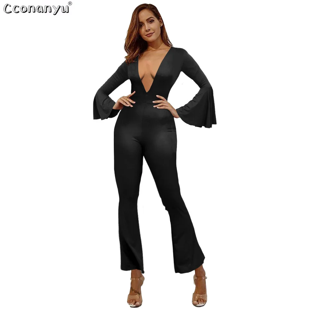 Женские комбинезоны с глубоким V образным вырезом и рукавами колокольчиками