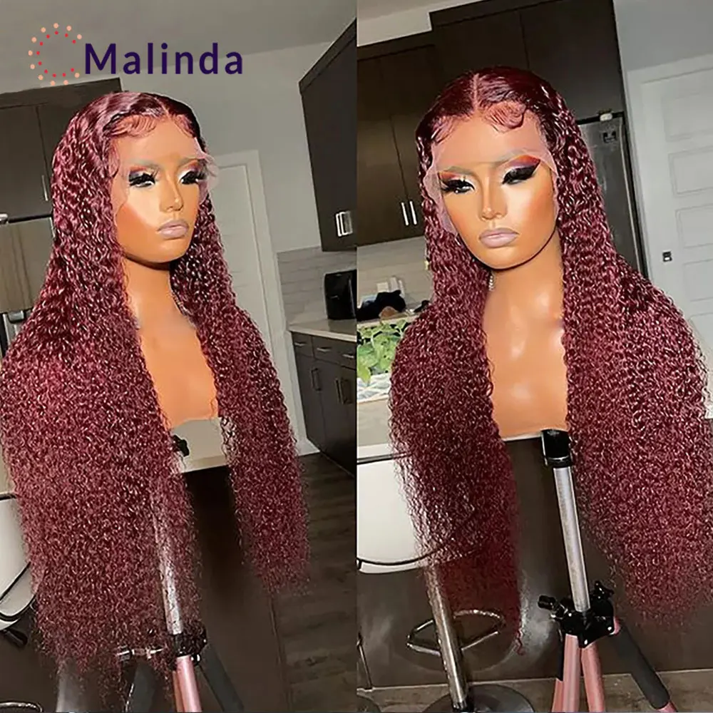 Бордовый 99J кудрявый HD прозрачный кружевной передний искусственный 13x4 красный