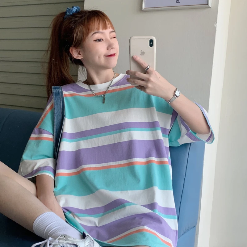 Футболка женская в радужную полоску свободная рубашка с коротким рукавом