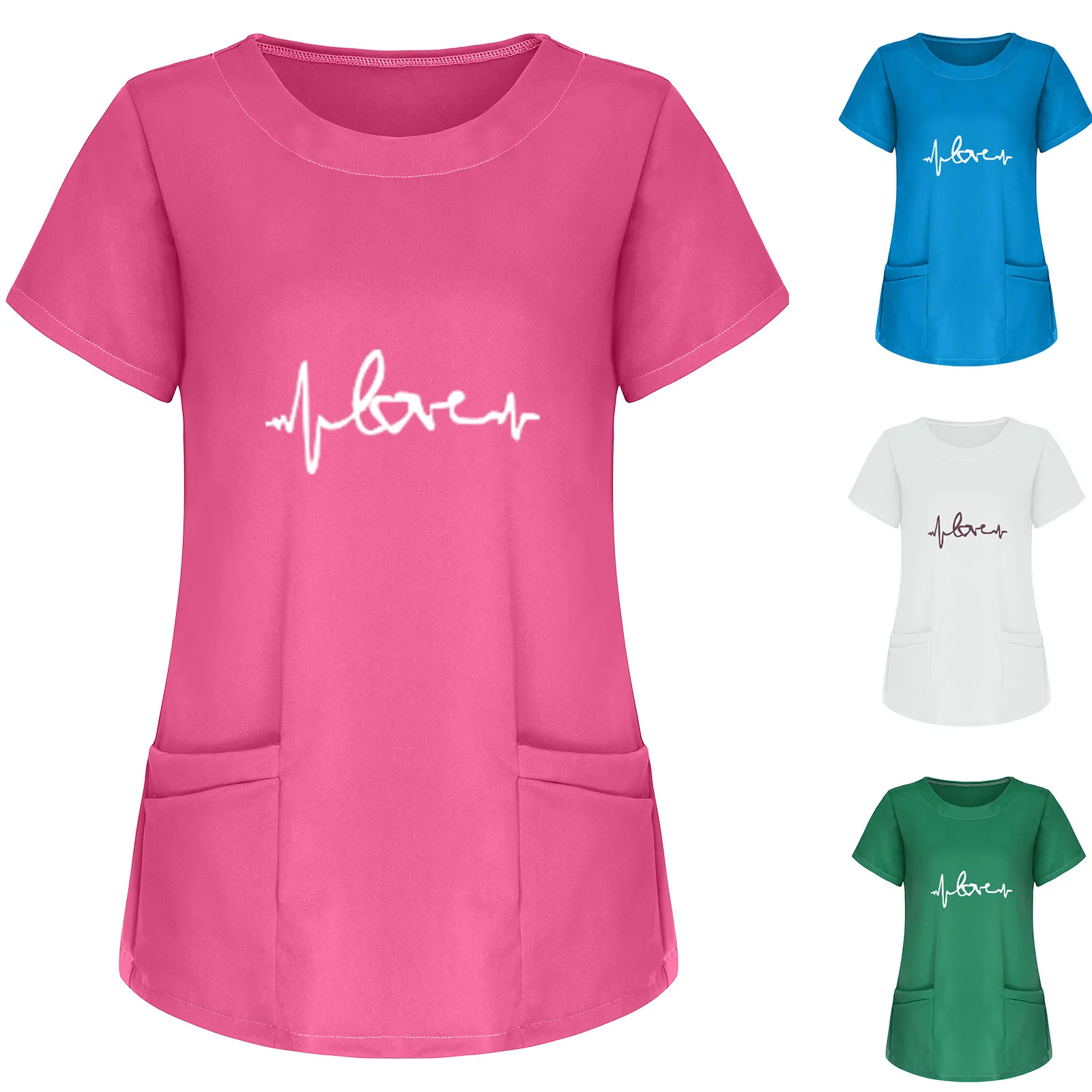 

2021 Nurse Uniform Nursing Overalls Women Short Sleeve O-neck /V-neck Blouse Workwear Pocket Printed Tops медицинская одеж q5