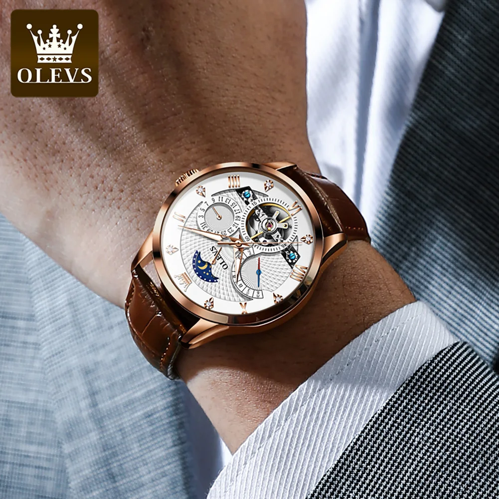 

OLEVS New Luxury Men Automatic Mechanical Watch Waterproof Luminous Hollow Watches For Men Leather Strap Moon Phase Calendar