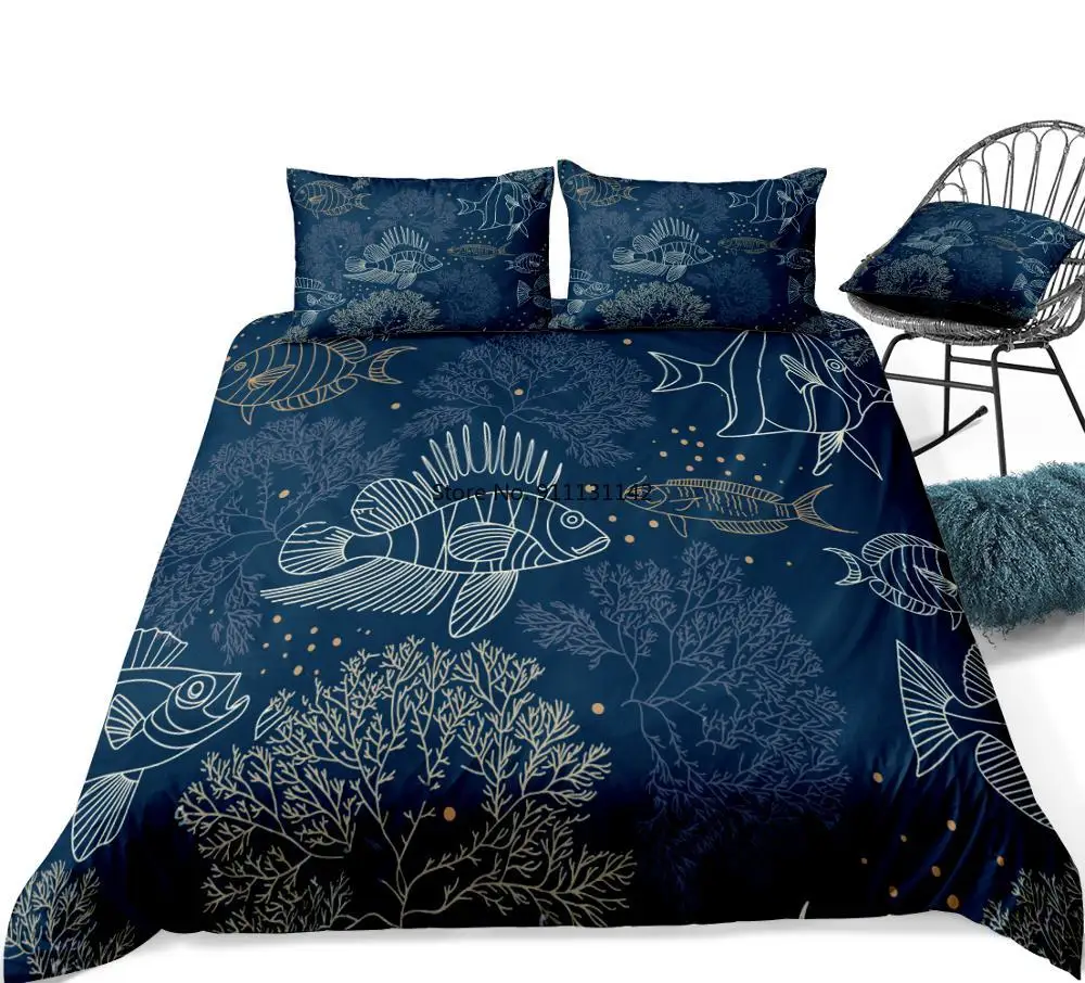 

Fishes and Algae Bedding Set Ocean Duvet Cover Set Queen King Sea Quilt Cover Pillowcase Navy blue Bedclothes Bedroom Decor