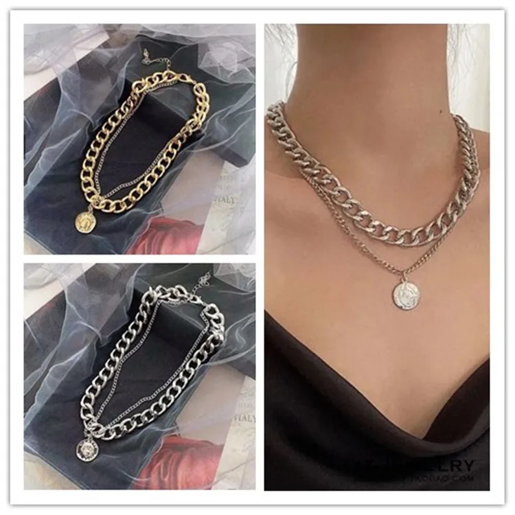 

New Style Ladies Fashion Charm Retro Portrait Thick Chain Necklace Double Hip Hop Necklace Short Clavicle Chain Women Wholesale