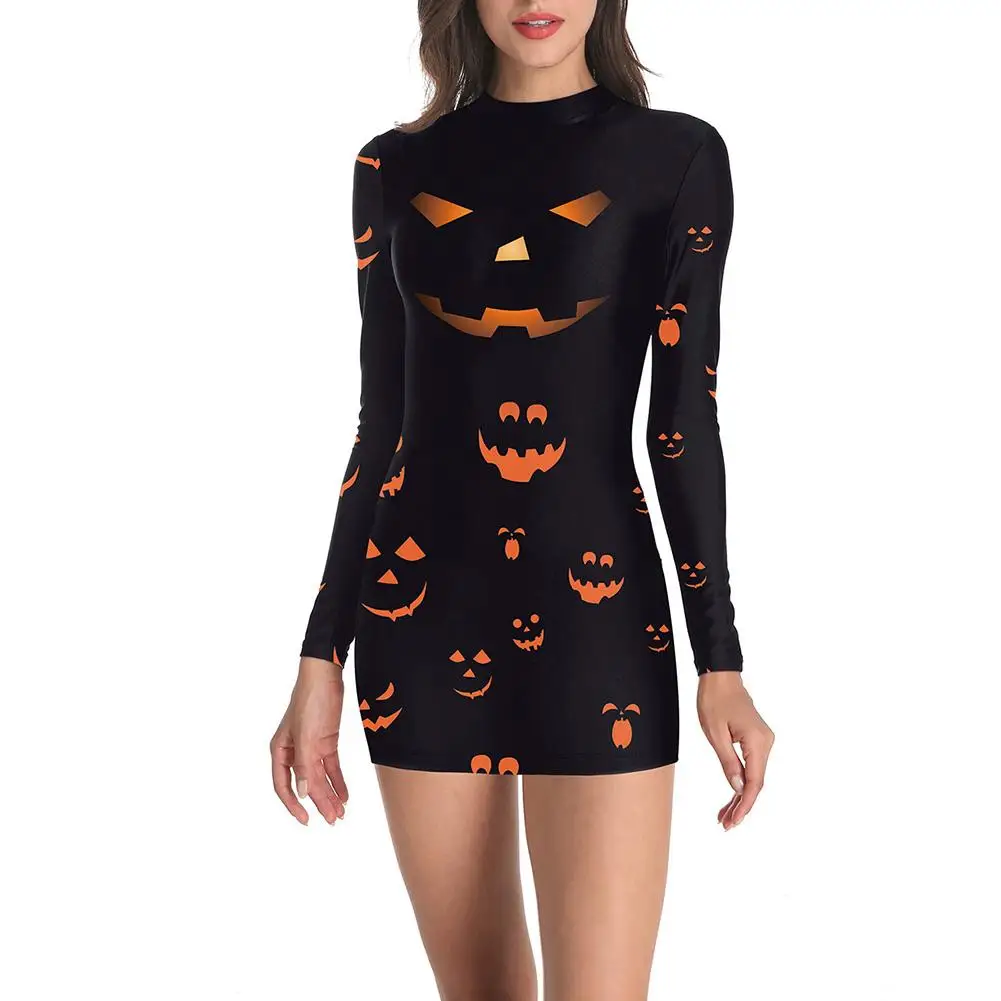 

Женское облегающее мини-платье с длинным рукавом и принтом тыквы