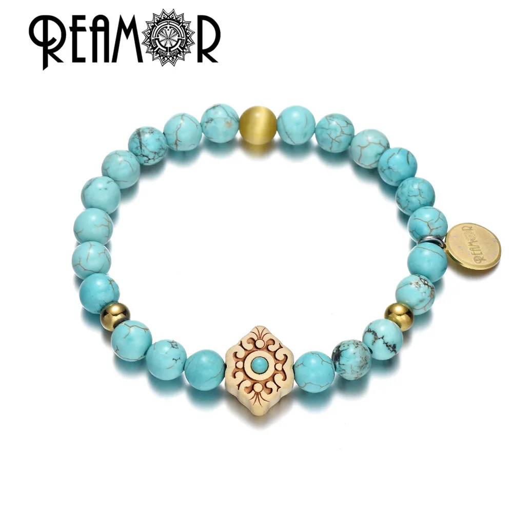 REAMOR натуральная бирюза этнический браслет из деревянных бусин homme модные