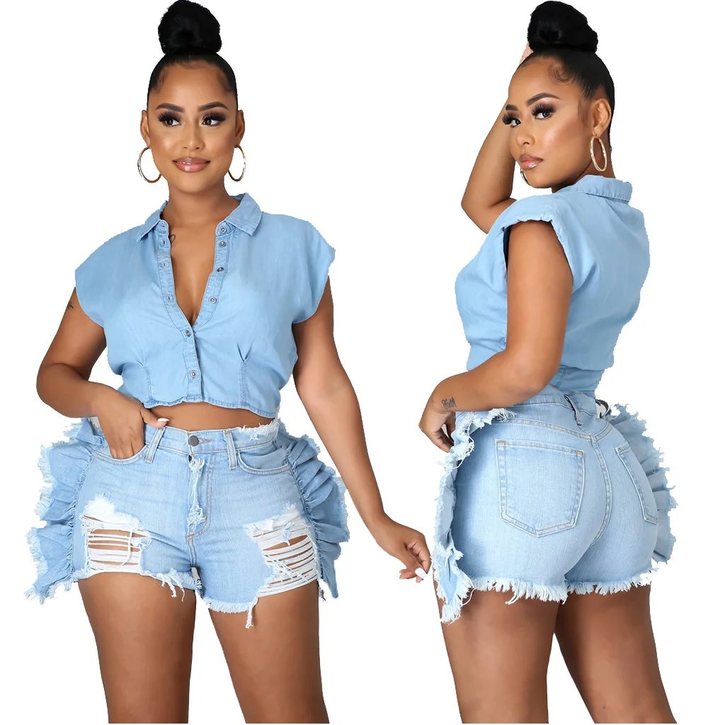 

Fashion Women's Denim Shorts Summer Slim Fit Trendy Patchwork Ripped Elastic Mid-Waist Straight Brand Lady's Denim Shorts