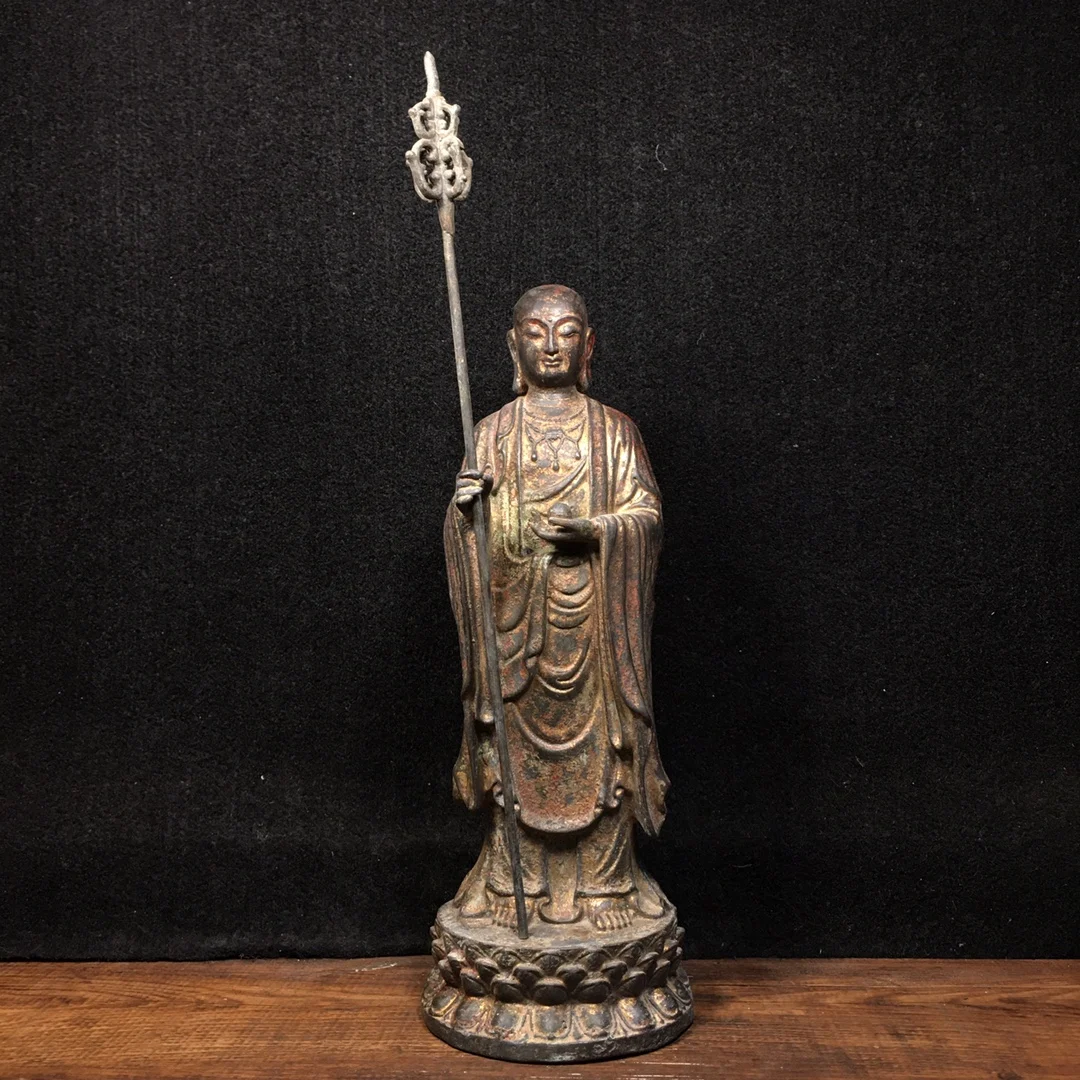 

10"Chinese Folk Collection Old Bronze Cinnabar Lacquer Amitabha Ksitigarbha Jizo Standing Buddha Ornaments Town House Exorcism