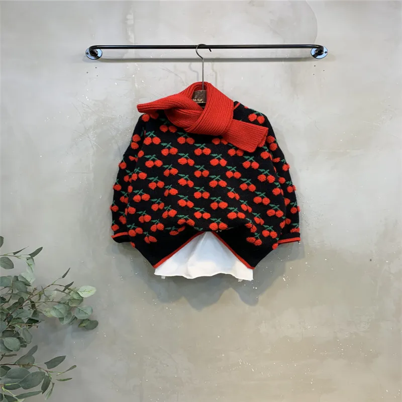 

Lovely cherry jacquard long sleeve loose pullover sweater