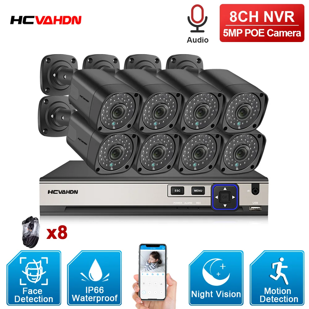 

H.265 48V POE 8CH AI Human Detection Face Record CCTV NVR Two way audio System 5MP 2592*1944P 1/3 inch IP66 POE IP Camera Kit