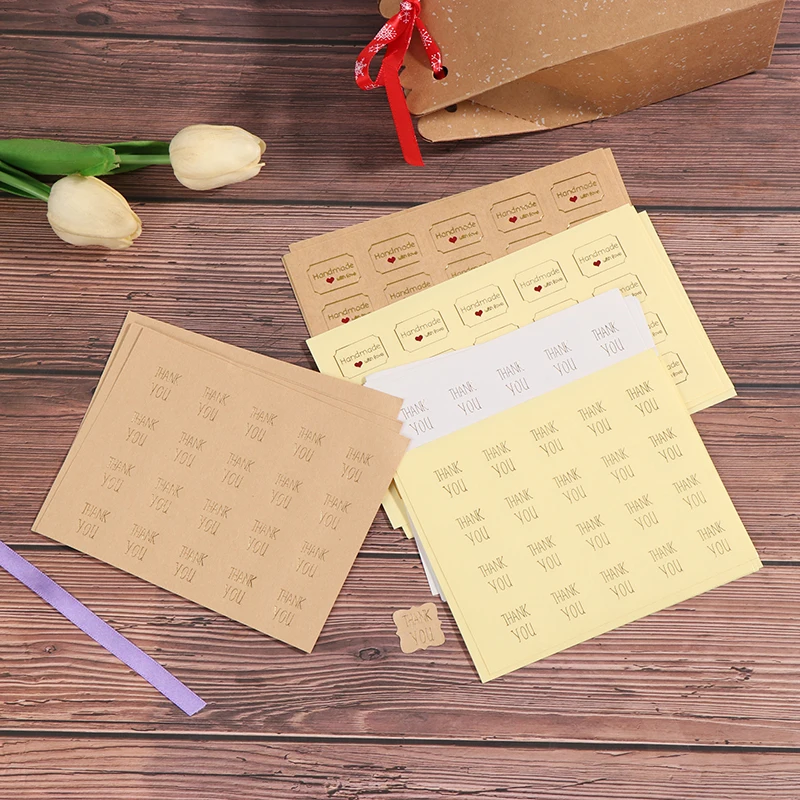 

100Pcs/5sheets Thank You Handmade With Love Tages Statement Letter Polygon Kraft Paper Self-adhesive Stickers Packaging Label