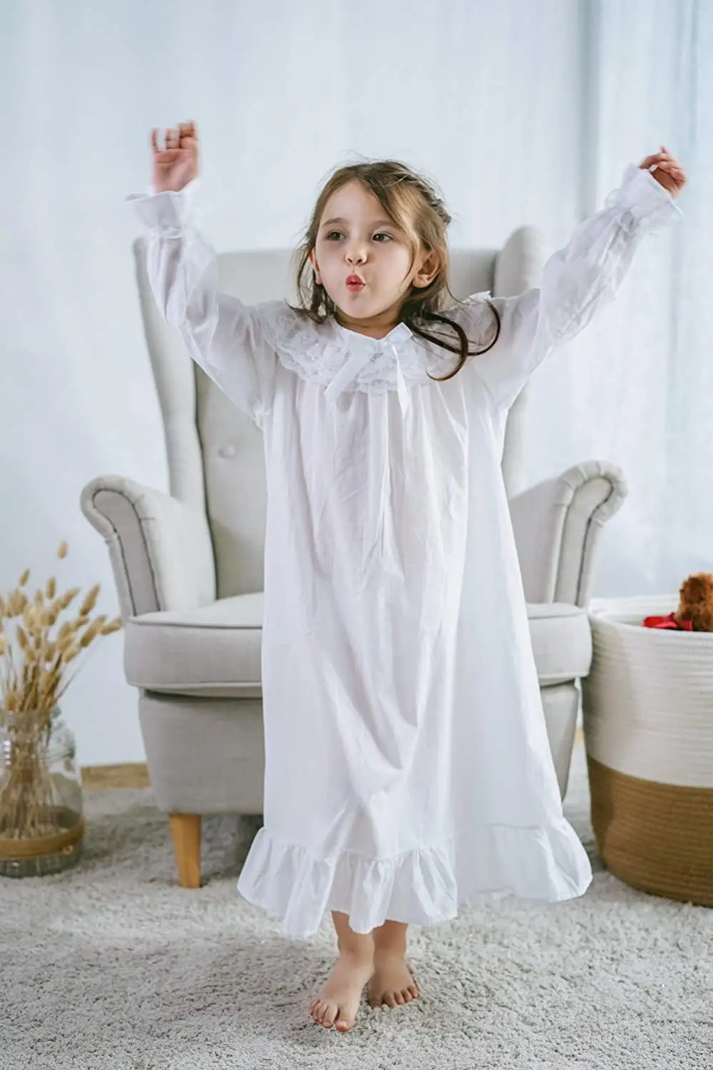 White Baby Girl Clothes Princess Nightgown Long Sleeve Sleep Shirts Nightshirts Pajamas Christmas Dress Sleepwear kids for 3-12 Years - Color: White