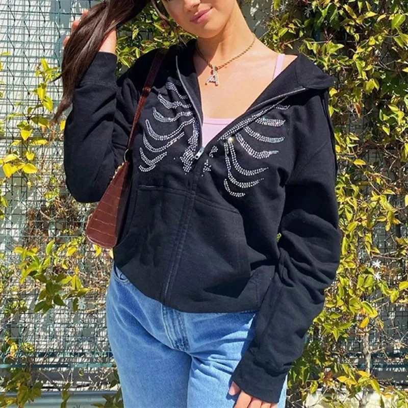 

Rhinestone Oversized Hoodies Grunge Goth Streetwear Y2k Hooded Black Harajuku Hippie Zip Up Autumn Winter Dark Sweatshirts