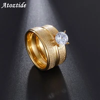 atoztide romantic gold color stainless steel couple finger ring simple zircon polished 8mm scrub engagement wedding for lovers