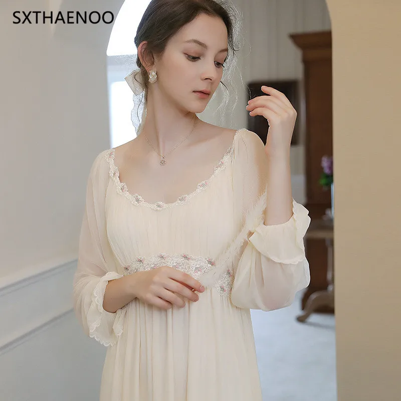 

SXTHAENOO Women's Long Nightgowns Long Sleeve Elegant Autumn Spring Female Princess Elegant Loose Nighty Dress Homewear