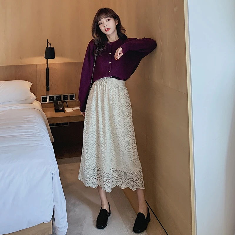Миди кружевные юбки с высокой талией весна-осень корейский стиль элегантные