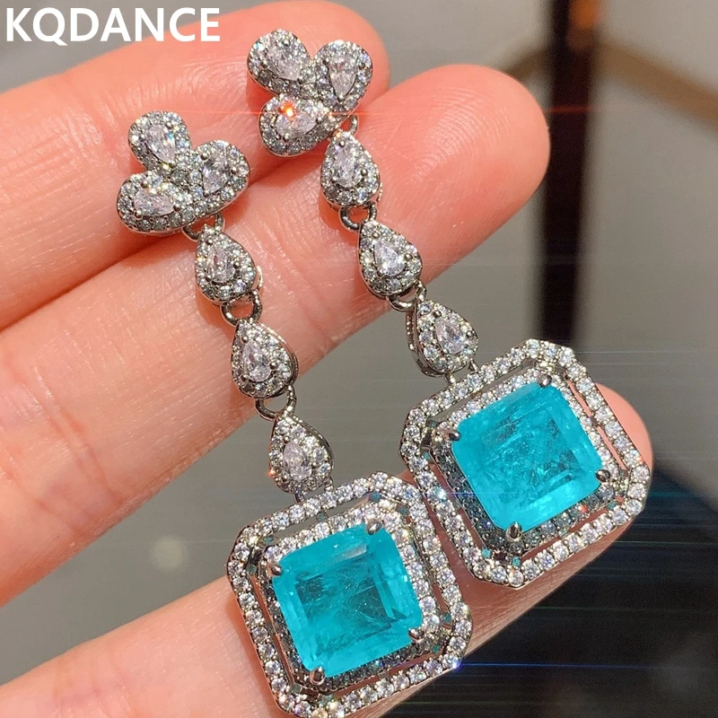 

Lab Gemstone Diamond Emerald Cut Ruby Tanzanite Paraiba Tourmaline Drop Earrings Silver 925 Pin Jewelry Wedding Gift for Women