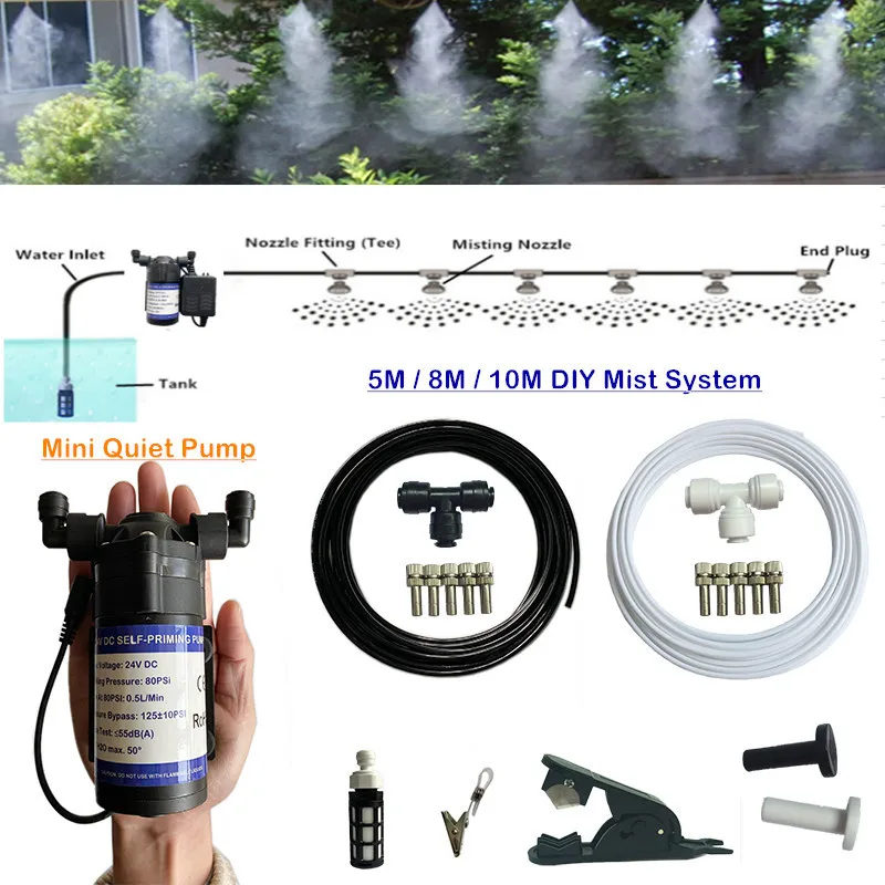 Online S412 DIY 5M 8M 10M watering kit 24V DC quiet 0.5L min mist pump fine fog nebulizer slip lock nozzle 1 4 PE hose garden sprayer