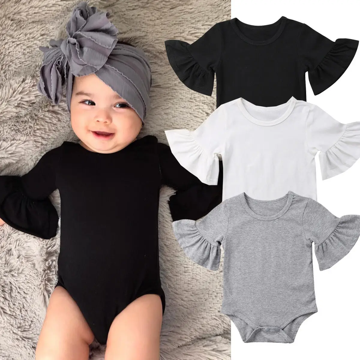 

New Baby Solid Cotton Flare Sleeve Bodysuits Newborn Infant Babies Girls Princess Clothes Bodysuit Sunsuit Summer Outfits 0-24M