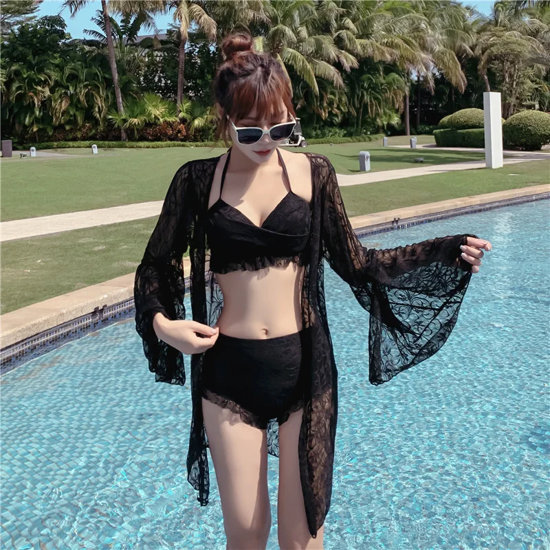 Женский купальник тройка бикини с большой и маленькой грудью собранный длинным