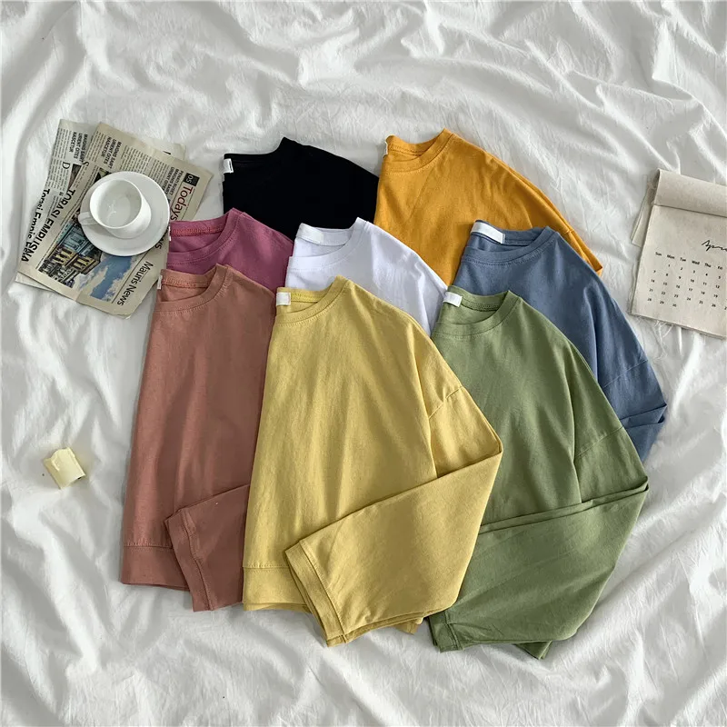 Early Autumn New Korean Style Loose Casual O-neck Thin Tops Simple Solid Cotton Short Sweetshirts Plus Size Women Clothing 11771