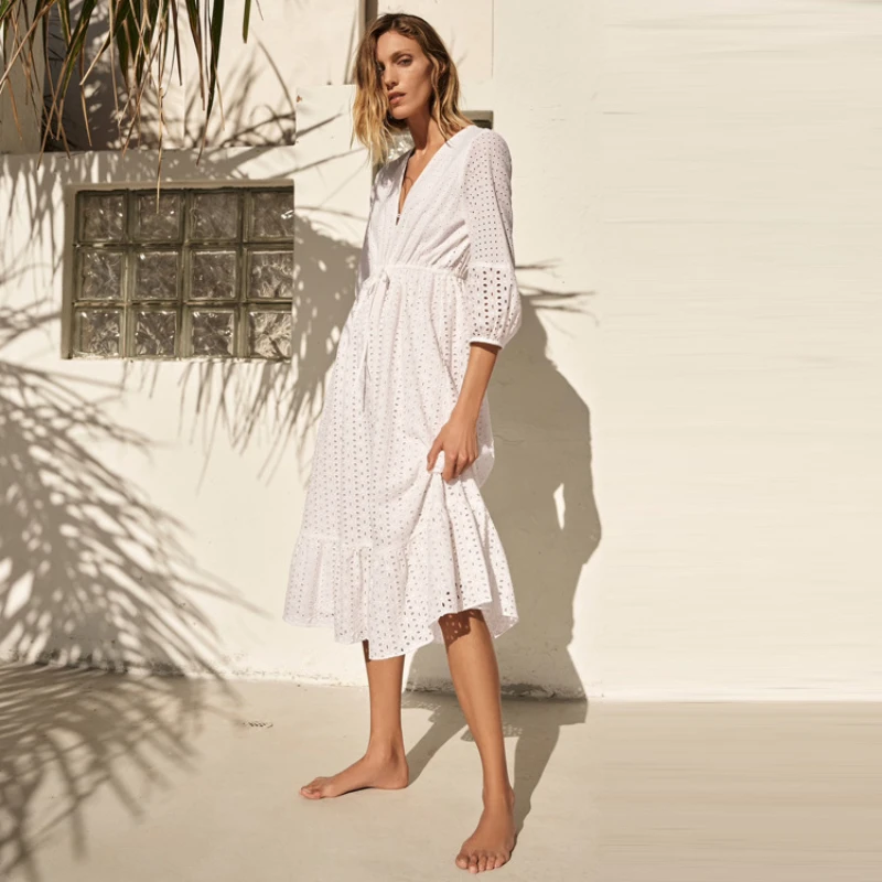 

2021 Dress Women White Hollow Out Embroidery Half Sleeve Elastic Waist Casual Sexy Party Robe Dresses Lantern Sleeve COTTON