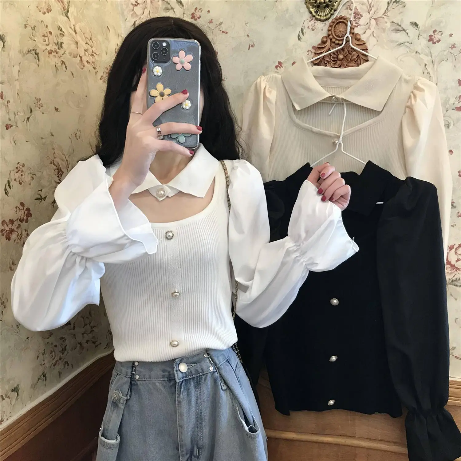 

Pearls Button Patchwork Hollow Out Spring Bouse Women White Knitted Tops Flare Sleeve Sexy Korean Shirts Slim Fit Elegant Sexy