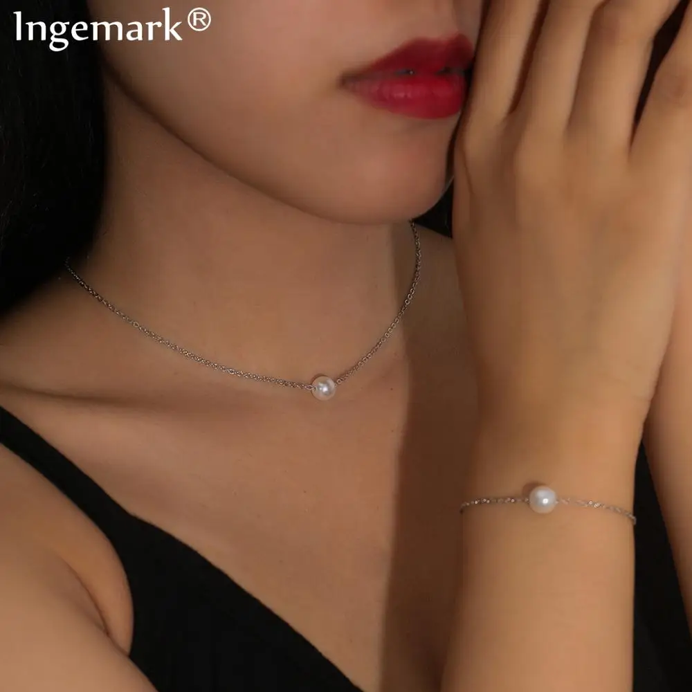 

Goth Lover Small Pearl Pendant Necklace Bracelet Set for Women Korean Kpop Minimalism Simple Engagement Gift Couple Jewelry Sets