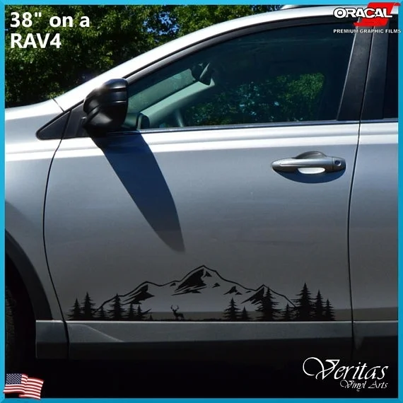 

For 2Pcs Mountain and Trees Decal Stickers for Cars, Campers, RV, Trailer, Truck Custom Graphic northwest Woods Silhouette