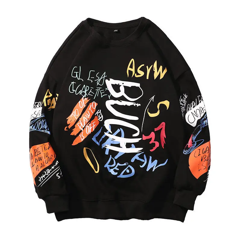 

2021 Spring and Autumn New Oversized Sweater Men's Harbor Style Loose High Street Graffiti Hoodless Top Trend