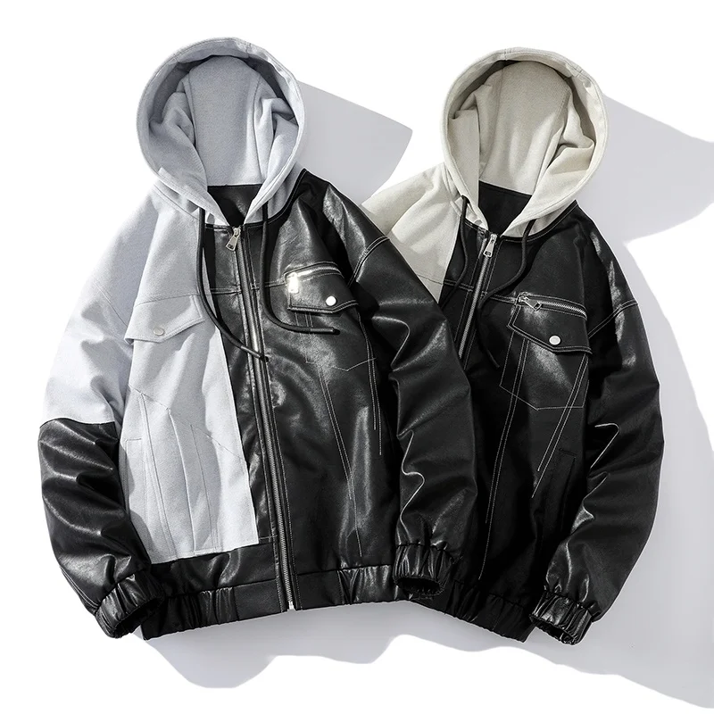 

Causal Leather New Patchwork Leather Jackets Jackets Pu Men Fashion Hooded Coats Streetwear Hip Hop Biker Moto Jackets for Men