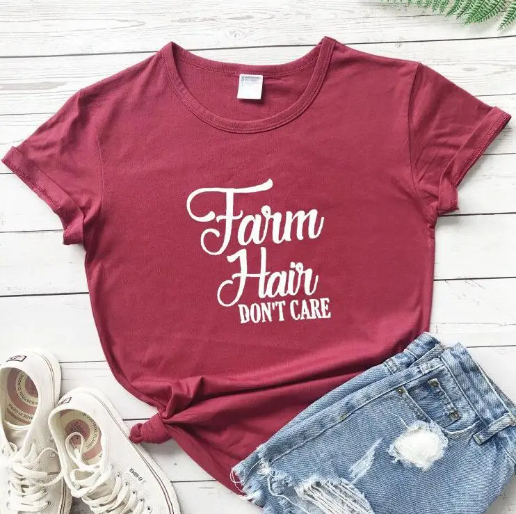 

100% Pure Cotton Women T Shirt Farm Hair DON'T CARE Printed Tshirt Ladies Short Sleeve Tee Shirt Women Female Tops Clothes Mujer