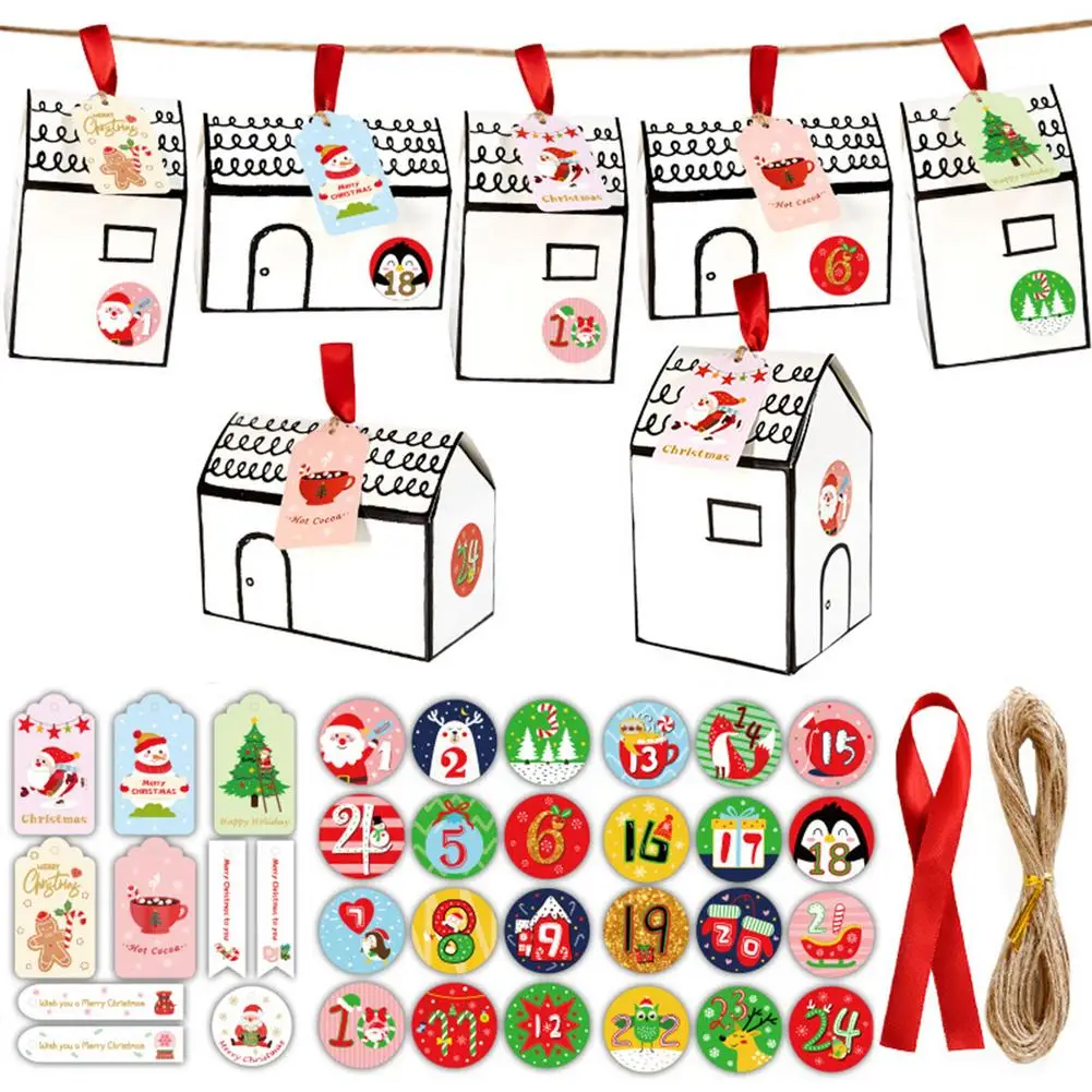 

24 Sets Christmas Advent House Candy Box Kraft Paper Cookies Candy Bag Snowflake Tags Countdown Calendar Christmas Tree Decor