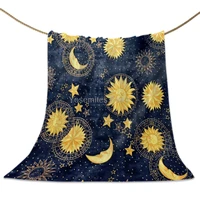 flannel fleece throw blankets boho chic golden sun moon and stars blue black sky antique style decorative blankets lightweight