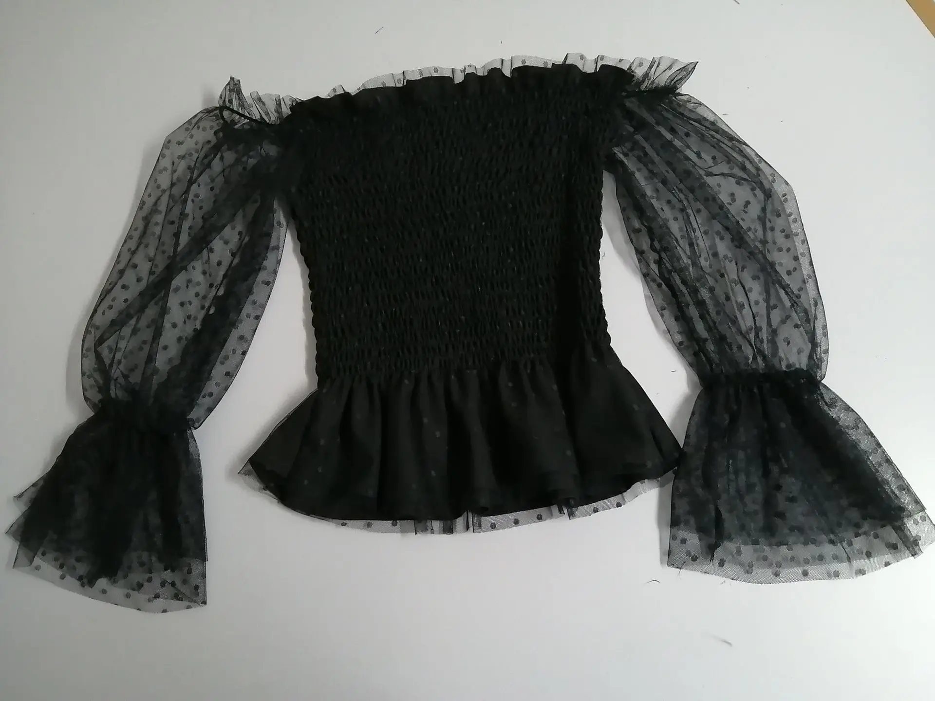 Женская блузка с открытыми плечами wsevypo сетчатая расклешенными рукавами