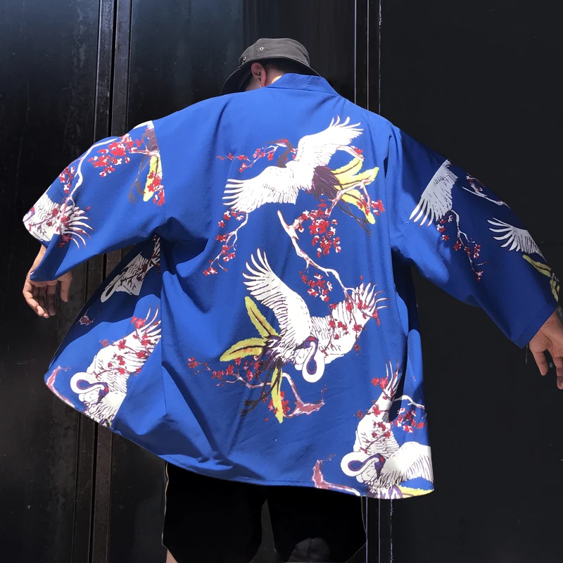 Японский стиль Харадзюку журавль цветок сливы печати Куртки типа кимоно 2018 осень