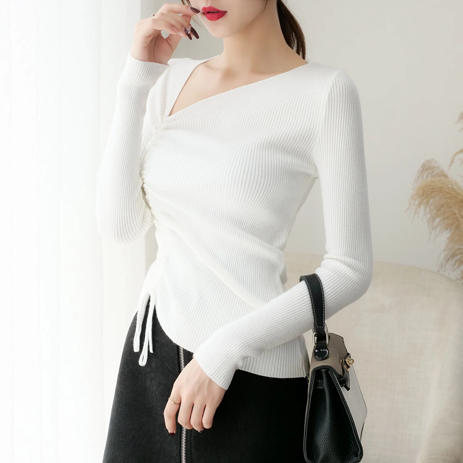 

Women knitted cotton 2019 Women Sweater Autumn and Winter New Oblique V-neck Slim Sleeve Sweater Pullover Warm Soft Full Sleeve