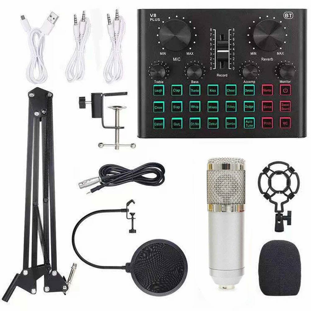 

Multifunctional Live Sound Card and BM800 Suspension Microphone Kit Broadcasting Recording Condenser Microphone adjustable
