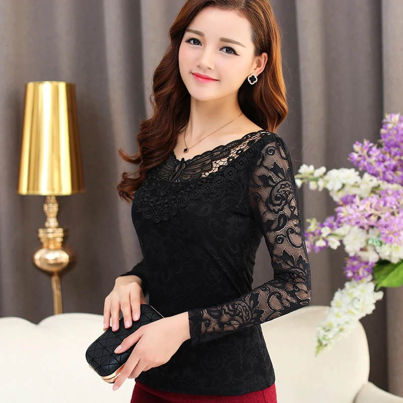 Женская кружевная блузка с V образным вырезом и длинным рукавом|black lace blouse|lace