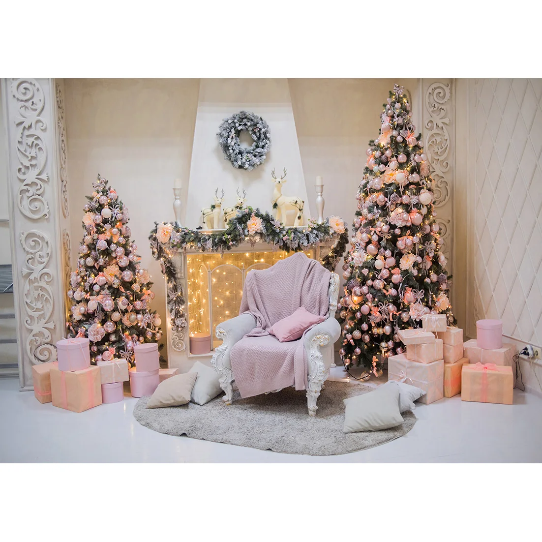 

Christmas Tree Fireplace Garland Gifts Photo Backdrop Custom Photography Background for Children Baby Home Party Photocall Props