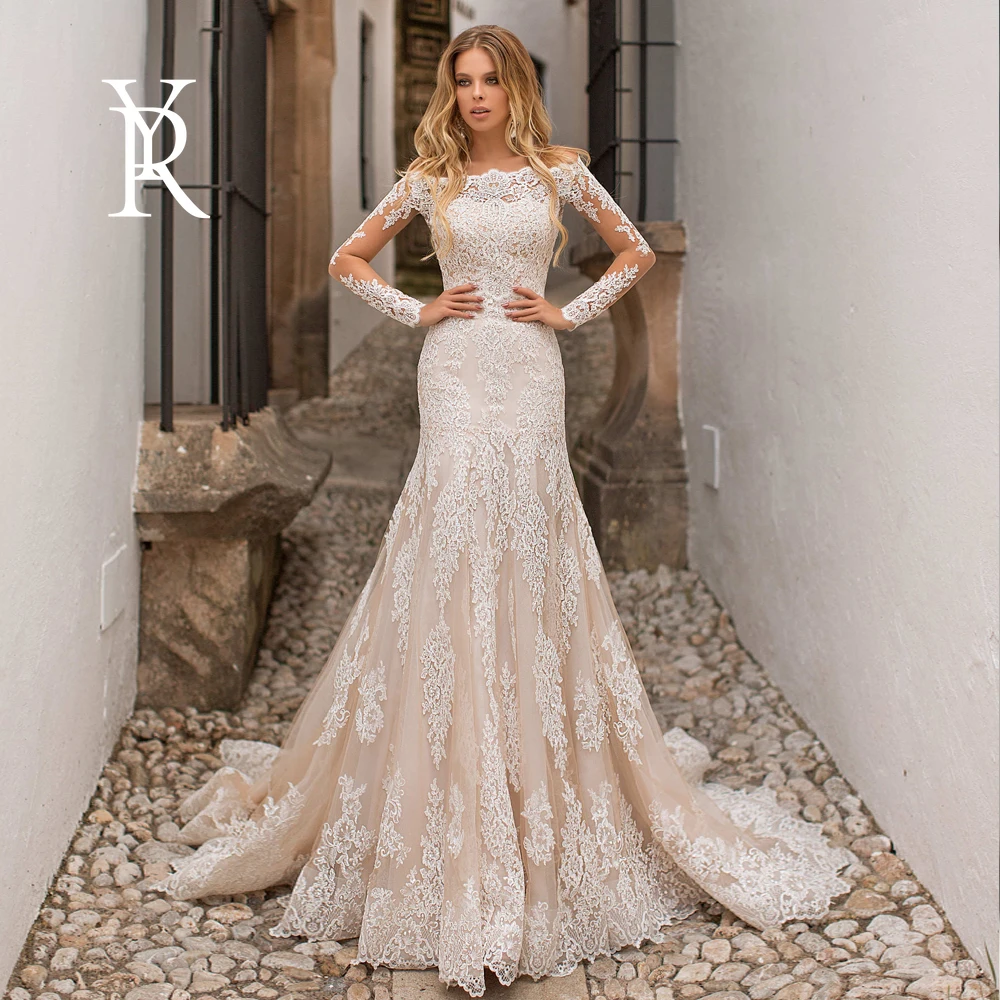 

YILIBER Mermaid wedding dress lace champagne one shoulder long sleeve wedding gown luxury retro embroidery applique