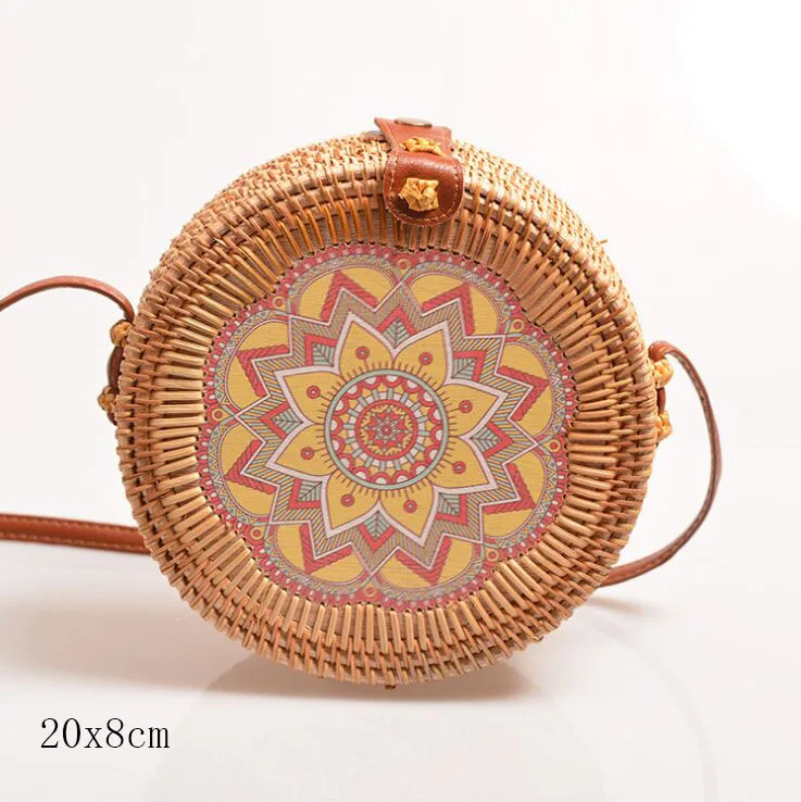 flower G 20X8cm Солнечный пляж, ручные тканые сумки, круглая сумка с пряжкой, Ротанговые соломенные сумки, ранец, богемная пляжная круглая сумка - Цвет: flower G 20X8cm