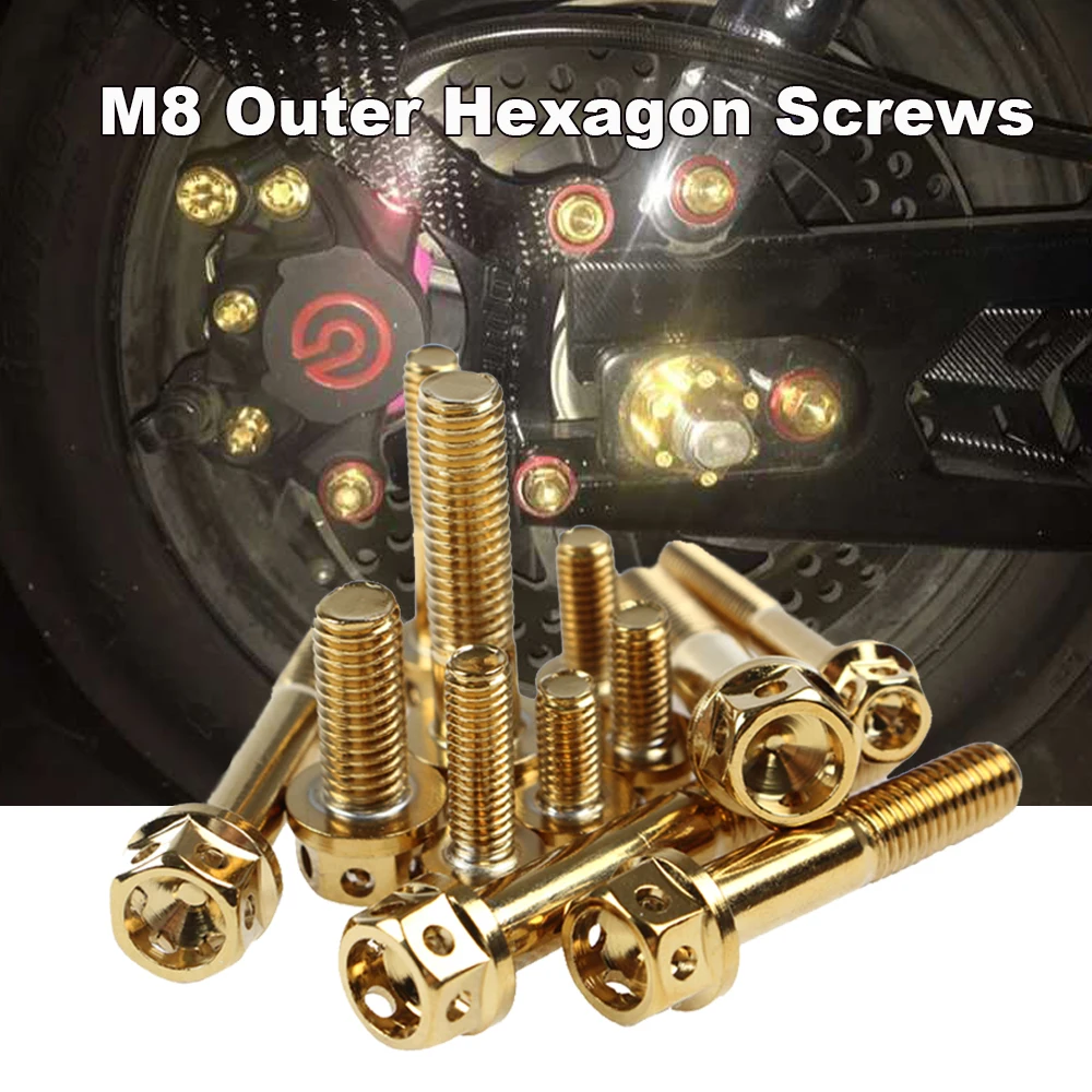 M8 Motorcycle Gold Screws Nut 304 Stainless Steel Bolt Outside Hex Head Cap Bolts M8*10/15/20/25/30/35/45/45/50/55mm Hexagon