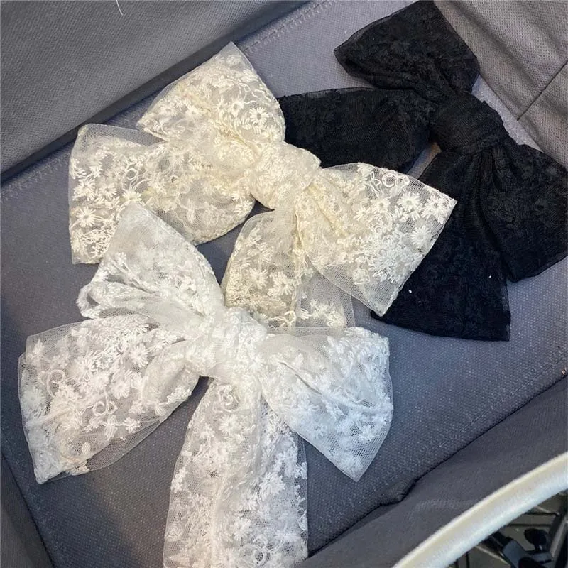 

Women Girls Lace Big Bow Hairpins embroidery Flower Ribbon Hair Clip Ornament 2021 Fashion Headband Black White Hair Accessories