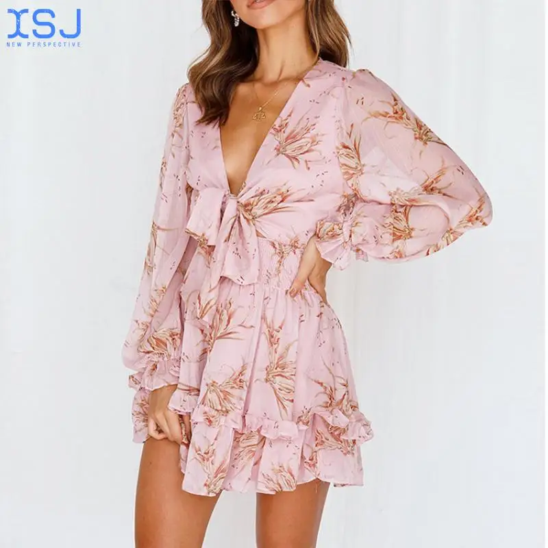 

Chiffon Printed Spring and Autumn Sexy Lace-Up Ruffled V-Neck Waist Dress Women Fashion Sexy Short Aline Party