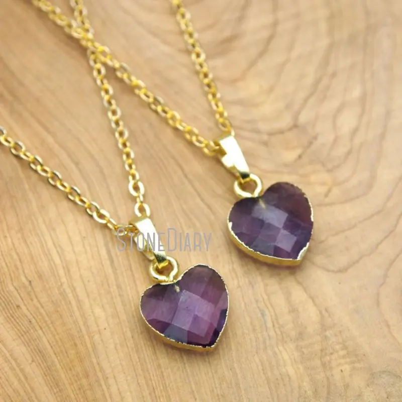 

NM15666 10Pcs Gold Color Faceted Heart Shaped Chains Necklaces Amethysts Chains Necklaces 16-20inch