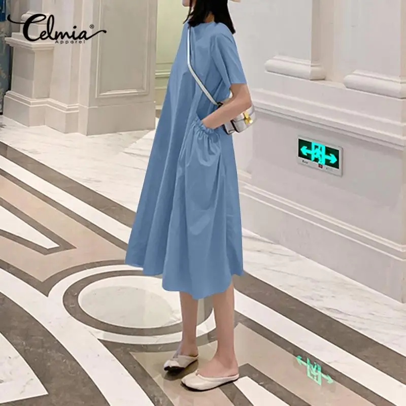 Женская летняя обувь 2021 плиссированное платье с карманами Celmia круглым вырезом