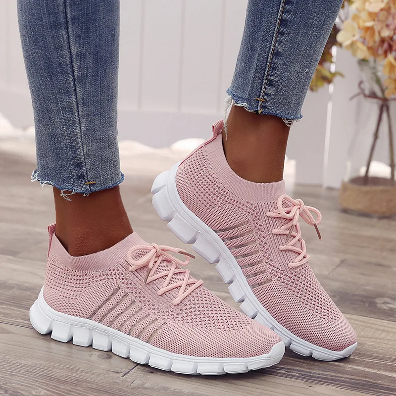 

Woman Weave Stretch Fabric Shoes Ladies Mesh Breathable Sneakers Sock Shoe Light Sport Running Cushion New Zapatillas Mujer 2021
